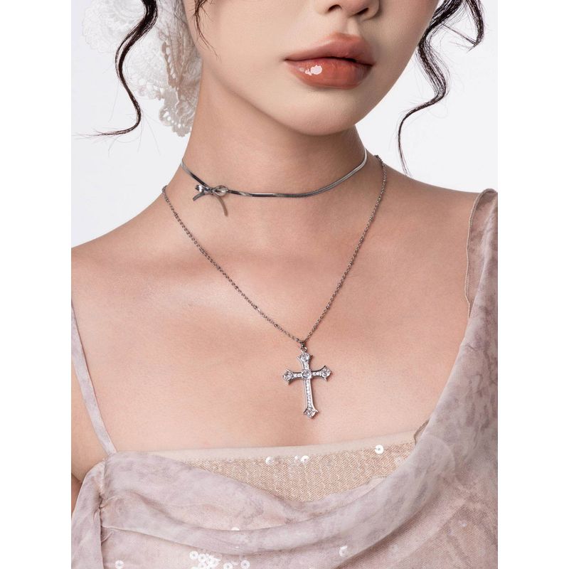 Ciyaveni Original Design Baroque Diamond Silver Cross Accessible Luxury Fashion Bows Easiest for Match Necklace