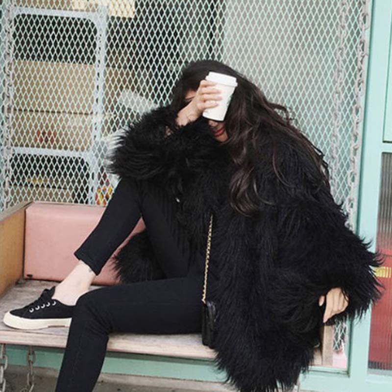 Women Wool Faux Fur Coat Autumn and Winter Mid-length Slim Warm Lamb Long Hair Leisure Jackets