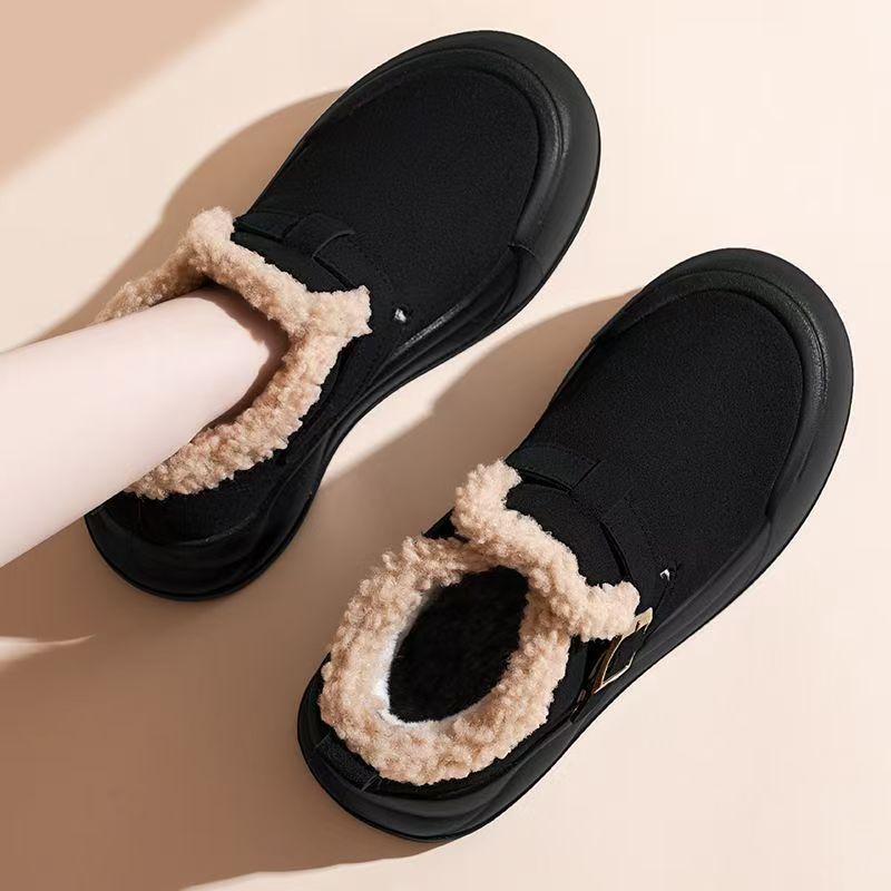 Women's Winter New Thick Sole Slip On Leather Ankle Snow Boots Thickened Plush Keep Warm Waterproof Loose Round Toe Cotton Shoes