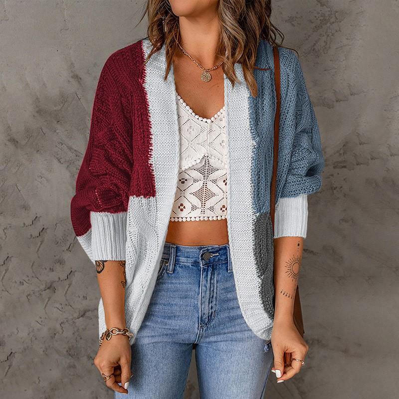 Womens Colorblock Knit Cardigan Sweater Winter Loose Fit Open Front Long Sleeve