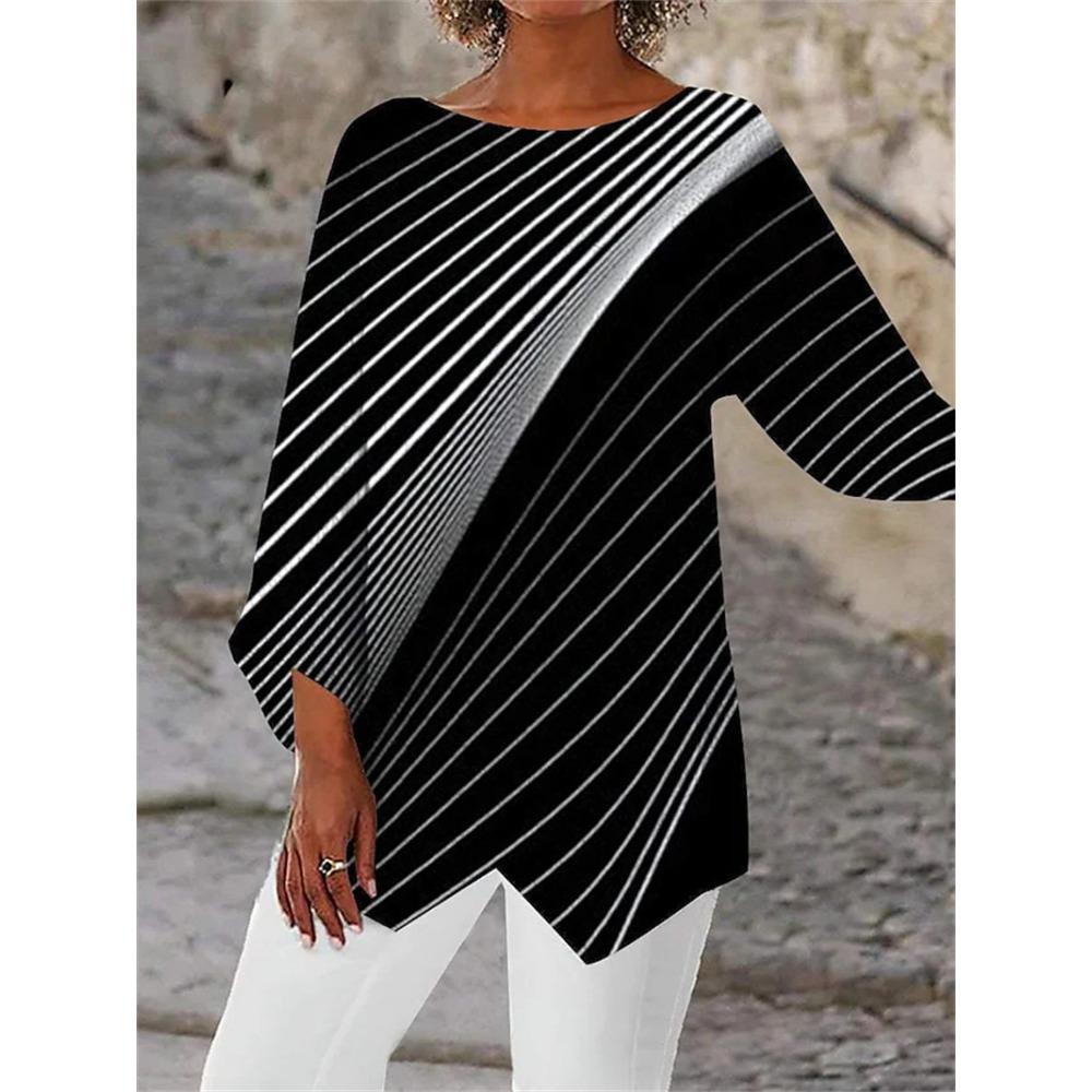 Spring and Summer Geometric Print Long Sleeved Patchwork Round Neck Loose Versatile Shirt
