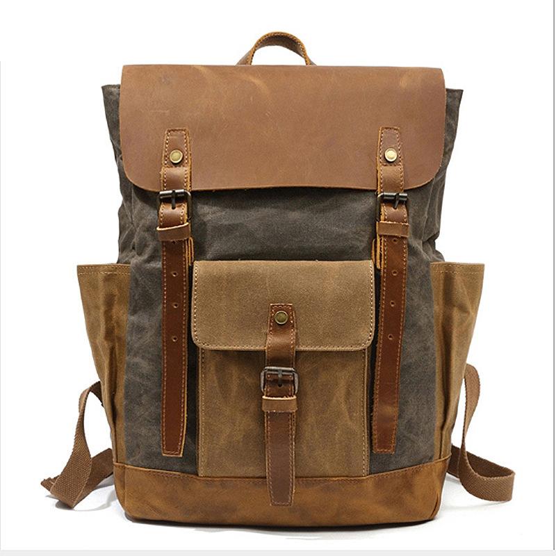 Sac à dos Homme Voyage Imperméable Sac Ordinateur Portable Sac à Dos Toile Cirée Huilée Vintage Sacs à Dos Cuir Sac à Dos Homme Sac d'École