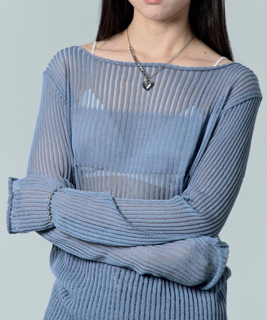 Tobaseu Boat Neck Knit With Varied Scallop Detail (Vintage Blue)