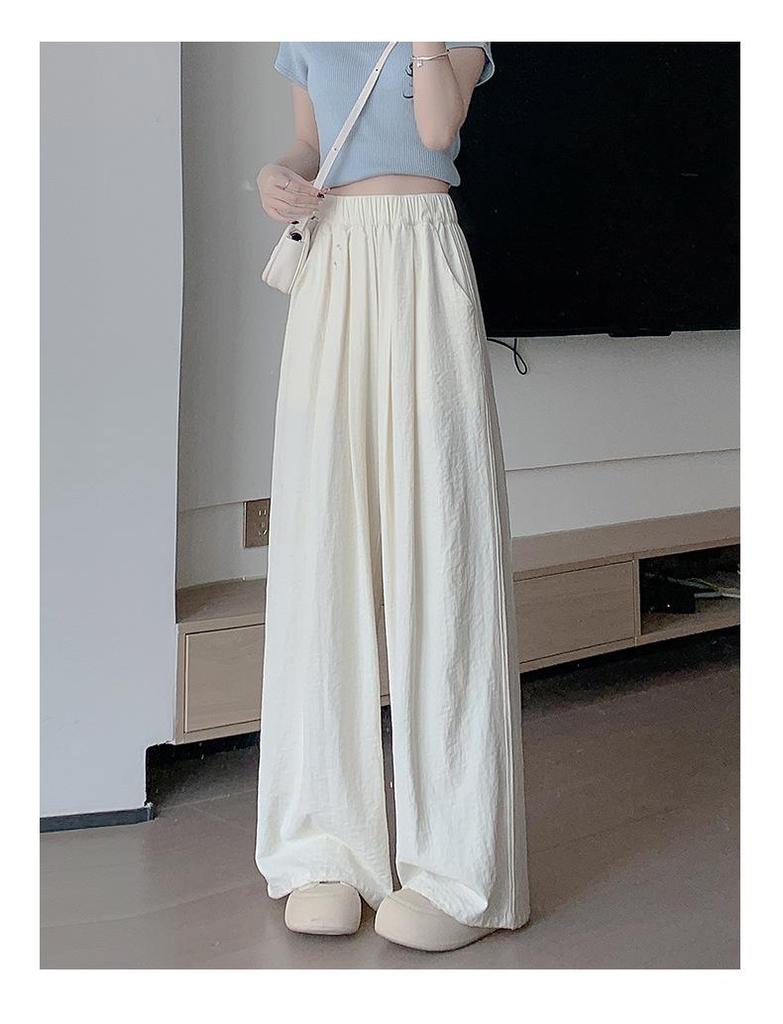 Women's High-Waisted Ice Silk Textured Wide-Leg Pants - Douyin Quality, White, Slimming, 2025 New Arrival