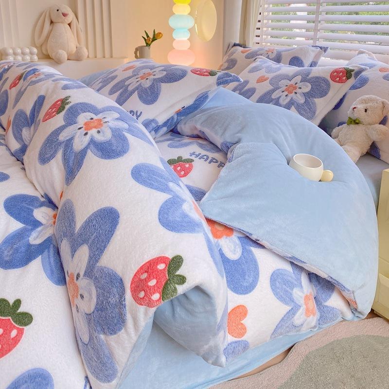 Snowflake Fleece Four-Piece Set, Thickened Milk Coral Fleece Quilt Cover, Double-Sided Fleece Quilt Cover, Bed Sheet, Bed Hat Three-Piece Set