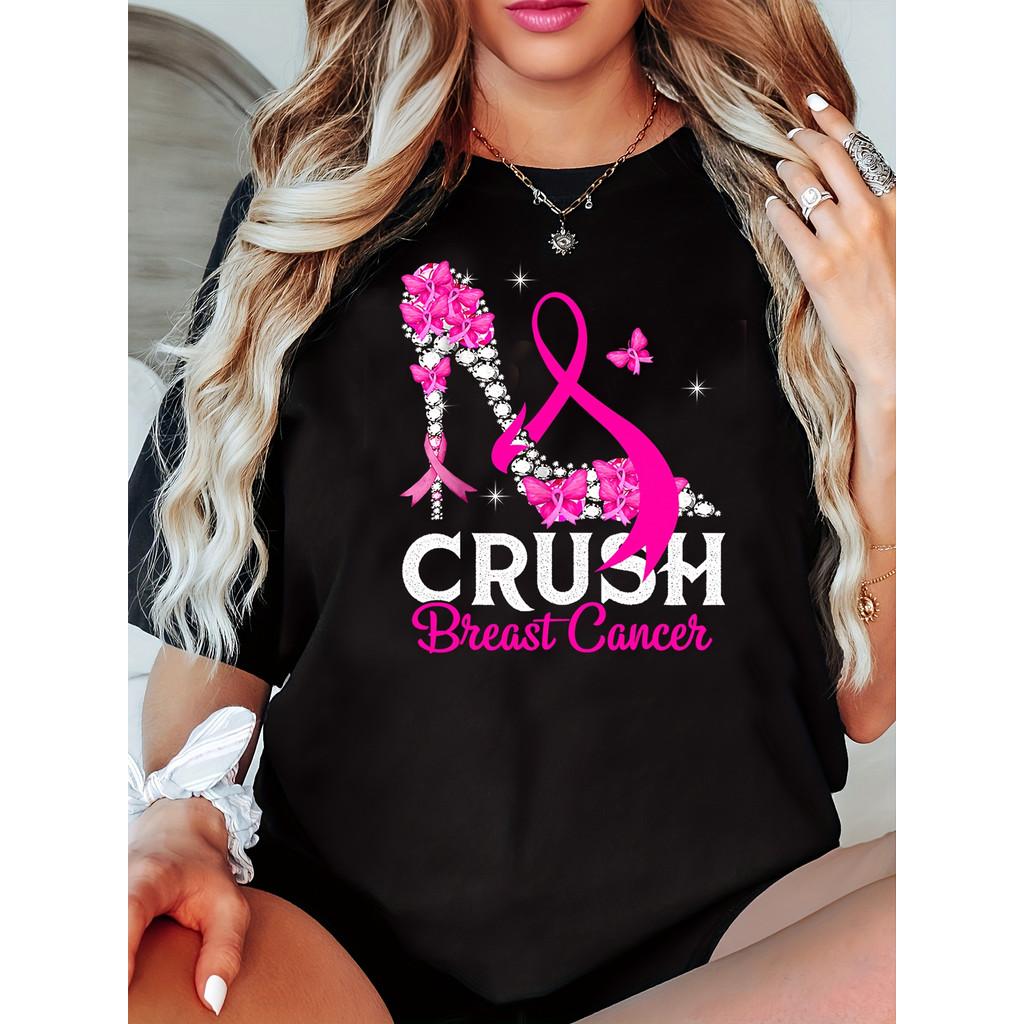 

Рожевий бант зі стразами, високі підбори, принт літер crush breast cancer (переможи рак молочної залози), жіноча футболка до дня боротьби з раком молочної залози, елегантна, повсякденна та зручна бавовняна сорочка XL чорний