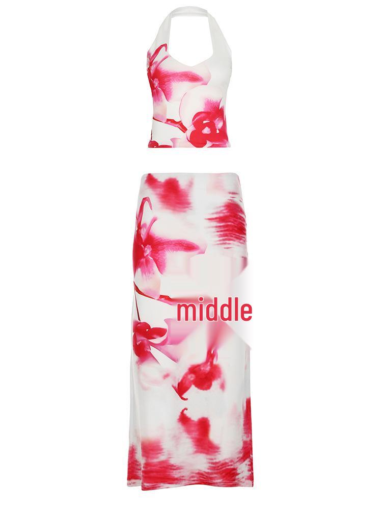 European & American Slimming Set: Resort Style Printed Vest with Impressionist Half Skirt