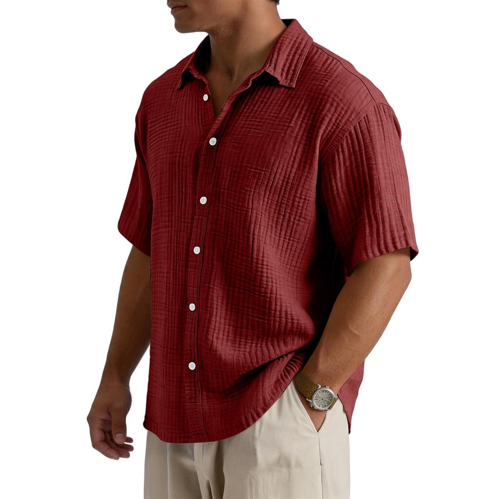 Men’s Loose Fit Casual Cotton Crinkle Texture Shirt Short Sleeve Button Down Collared Top for Everyday Wear