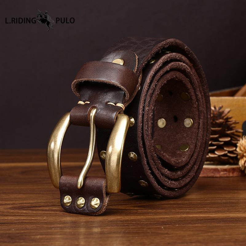 Punk-style Studded Leather Belt for Men Genuine Leather with Pin Buckle Washed, Vintage, Distressed Finish, Pure Cowhide, Unique Casual Denim Belt.