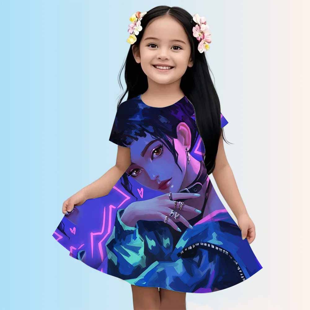 Girl Dress KPop Demon Hunters Summer 2025 Mini Short sleeved Dress Princess 3D Printed Cute Children's Clothing Party Top