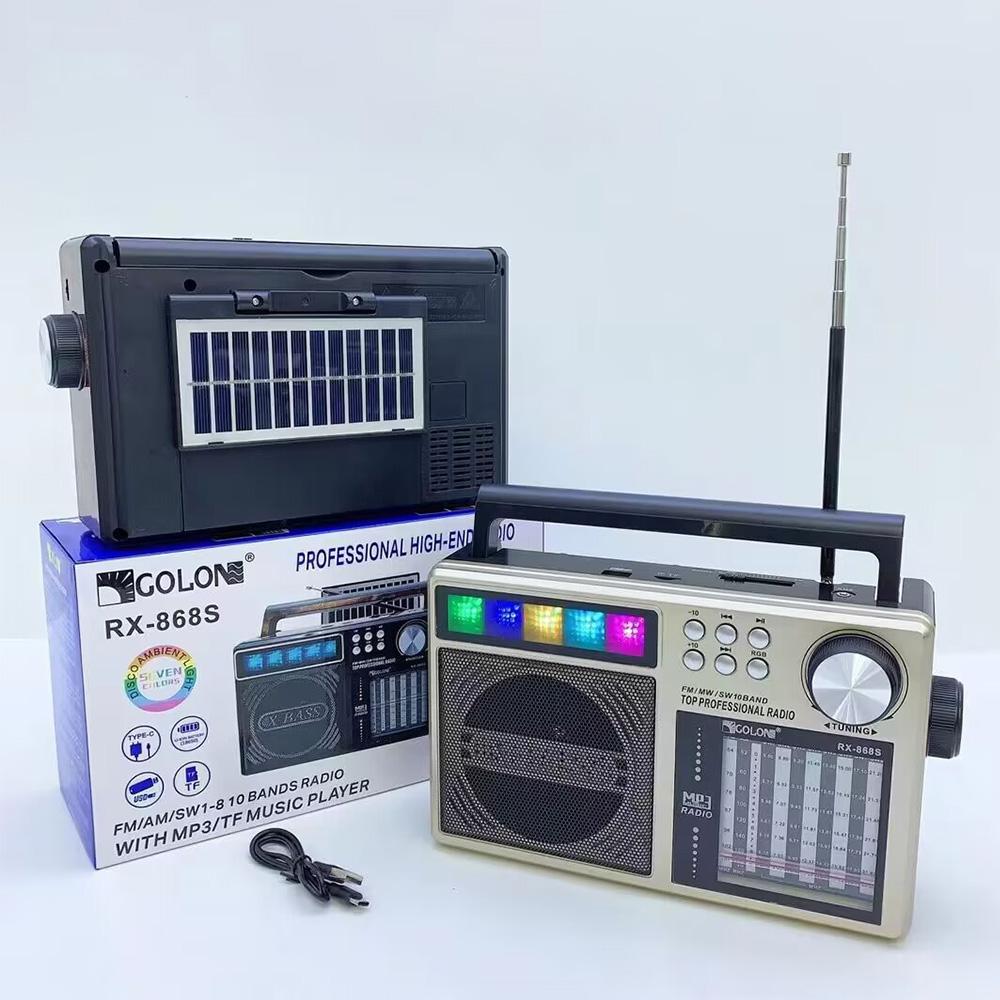 Portable Retro AM/FM/SW Band Radio Receiver Multifunctional Solar Bluetooth Speaker with RGB Light Stereo Sound Audio RX-868S