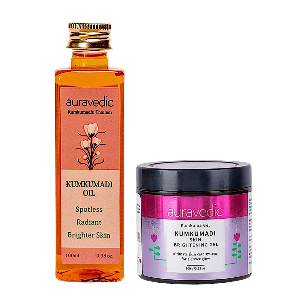 Kit per illuminare la pelle: olio e gel per il viso (100 ml + 100 g), Combo Olio Kumkumadi e Gel Viso Kumkumadi, Auravedic