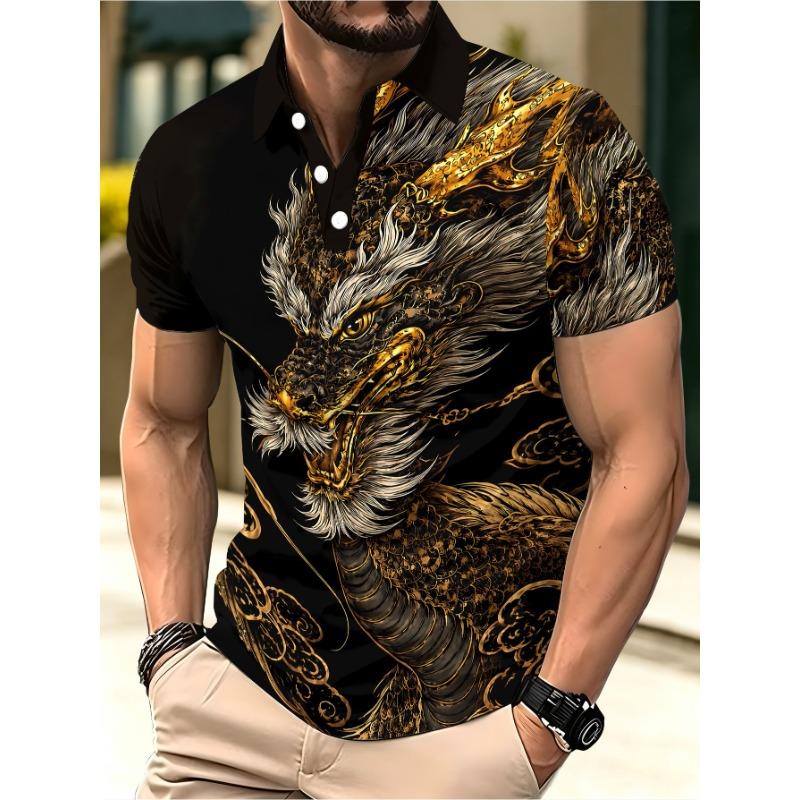 Men's Fashion Short Sleeve POLO Shirt Black Gold Dragon Print