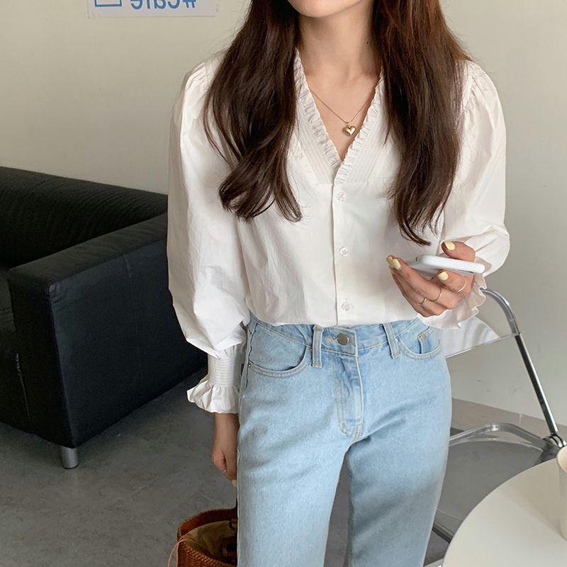 Women's French V-Neck Ruffled Puff Sleeve Shirt - Spring/Autumn Korean Chic