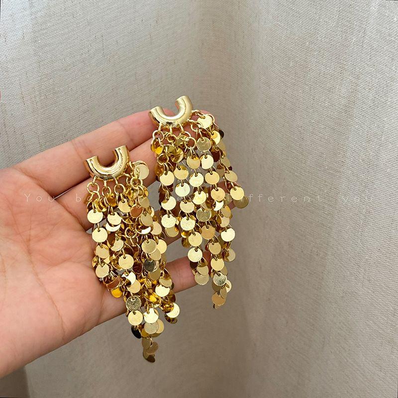 

Niche Style Heartbeat Tassel Female Elegant Metal Sequins Gold Sequin tassel earrings-Silver Needle
