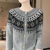 Women's Premium Wool Fair Isle Cardigan: Vintage Jacquard, Round Neck, Loose Knit Sweater for Autumn and Winter.