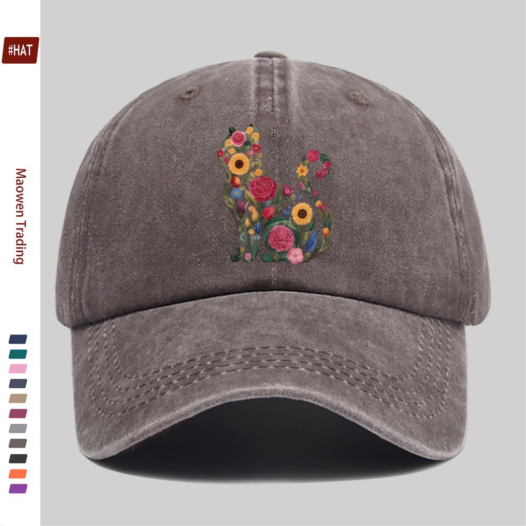 pc Women Cat Flower Trucker Hat Adjustable Buckle Strap Lightweight Cap with Kitten Botanical Print Suitable for Outdoo