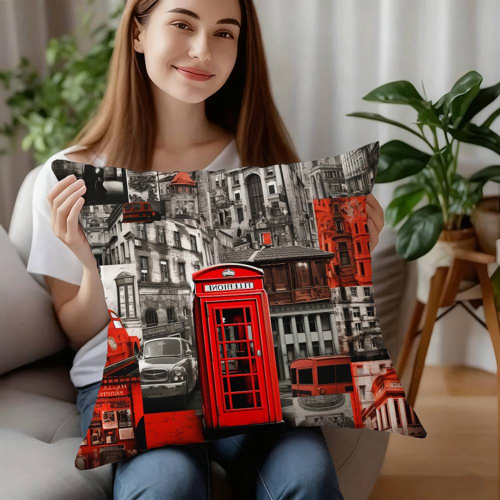 Federa Cuscino Stampa Autobus Rosso di Londra Peluche Corto Stampa Double-sided Copricuscini Quadrati Decorazione Cuscino per Divano Casa
