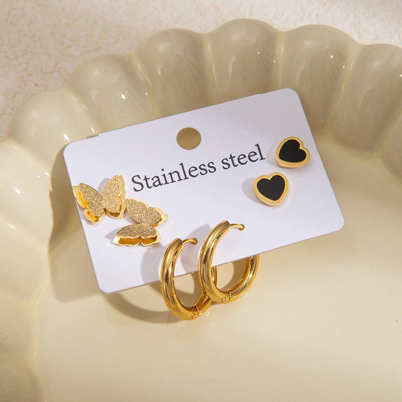 Elegant Four-Leaf Clover & Heart Earrings with Butterfly Detail, Titanium Steel Hoops - Non-Fading, Fashionable Summer Accessory