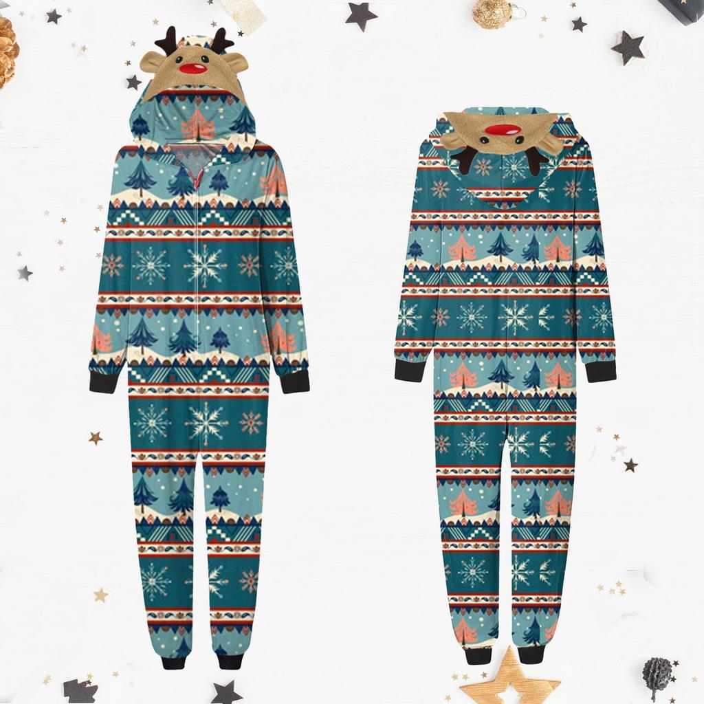 Weihnachts-Overall-Pyjama mit Kapuze, Elch-Loungewear-Outfits, passende Weihnachts-Sets für die Familie