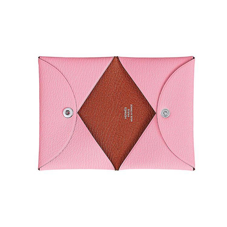 Hermès Calvi Silverspänne Tvåfärgad Mysore Getläder Plånbok Myntpåse Kortinnehavare Damplånbok Rosapink Tegelröd H078476CKAD