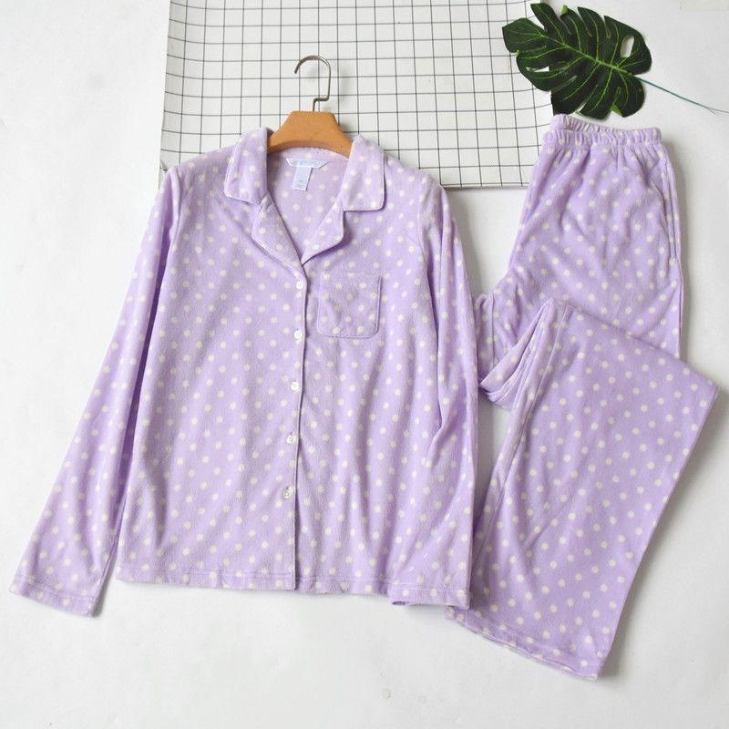 

Women s Polka Dot Comfortable Flannel Long Sleeves Pajamas Autumn and Winter Thin Minimalist Casual Lapel Homewear Suit Light purple XS