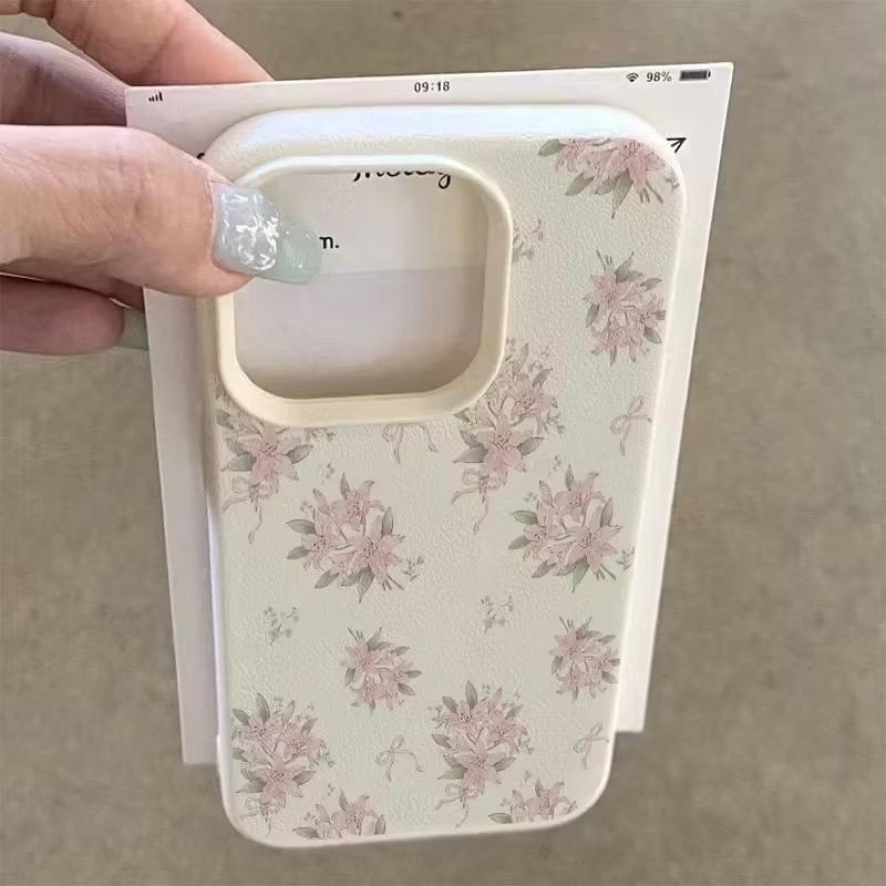 Elegant Lily Flower Pattern Lychee Texture Phone Case For iPhone 17 16 15 14 13 12 11 Pro Plus Max 17 Air X XR XS Silicone Cover
