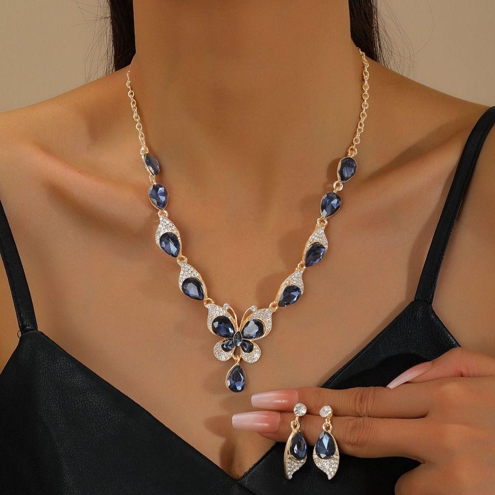 Shining Earrings Necklace Set Crystal Rhinestone Butterfly Jewelry  Wedding Party