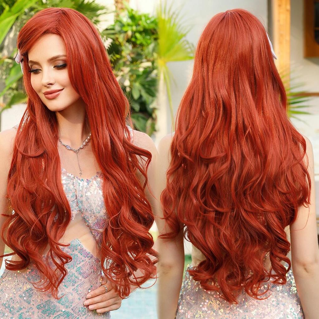 Perücke, synthetische, lange, lockige, orange-rote Meerjungfrau-Perücke mit Pony, lose gewellte Perücken für Frauen, Halloween-Party, Cosplay-Perücke