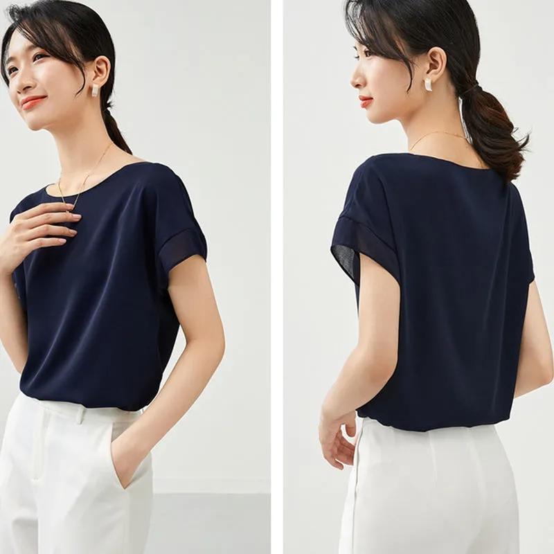 Temperamentní šifonová košile pro ženy letní tenký top s krátkým rukávem šitý rukáv pulovrová halenka jednobarevná volná ležérní univerzální halenky top