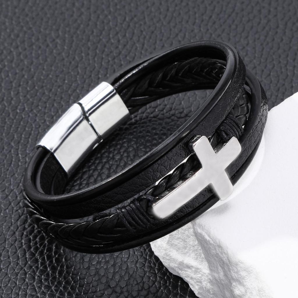 Temu Leather Cross-Style Multi-Layer Woven Bracelet with Alloy Laser Design