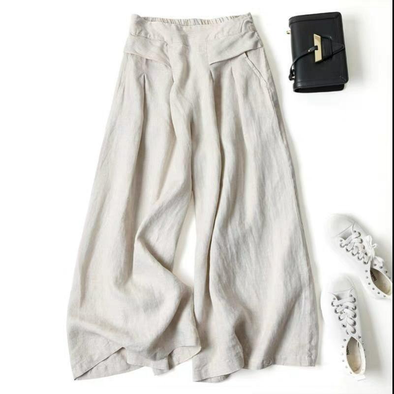 Women's Loose-fitting Semi-elastic High-waist Thin Literary Cotton and Linen Wide-leg Culottes