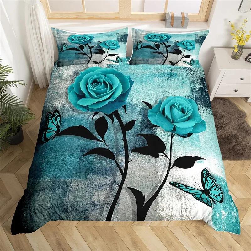 Rose Flower Duvet Cover Single King Oil Painting Butterfly Floral Bedding Set Microfiber Vintage Watercolor Artwork Quilt Cover