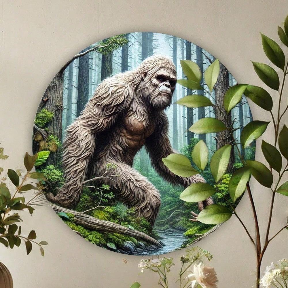 1pc 8x8 Inch Round Sasquatch Metal Sign Waterproof Weather Resistant Wall Decor Frameless Washable Aluminum Plaque