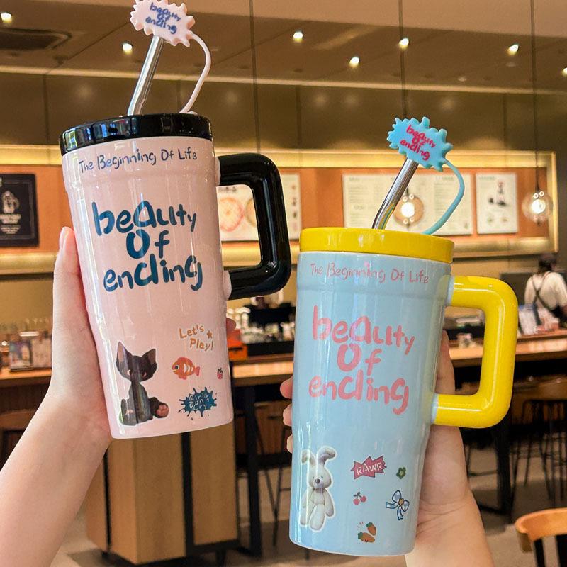 Ins High Value Cute Straw Cup for Girls Large Capacity Ceramic Mug with Lid Couple Water Cup Birthday Gift