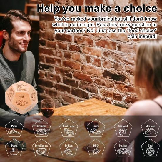 12-seitiger Holz-Entscheidungswürfel für Date Night Weihnachtsstrumpffüller Geschenk für Paare Essensauswahlspiel für Valentinstag Jubiläum