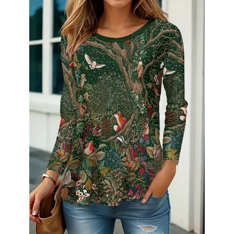 Animal forest print long sleeve round neck T-shirt plus size S
