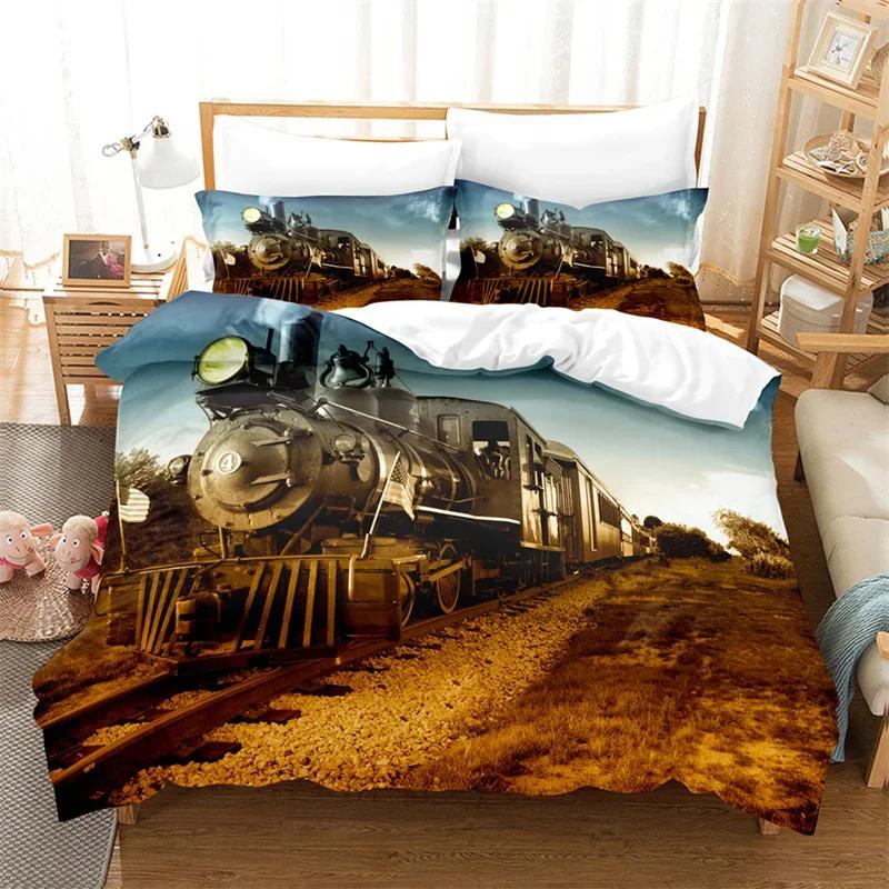 Comforter Steam Engine King Queen Microfiber Vintage Locomotive In Countryside Scenery Green Grass Train Pattern Bedding Set