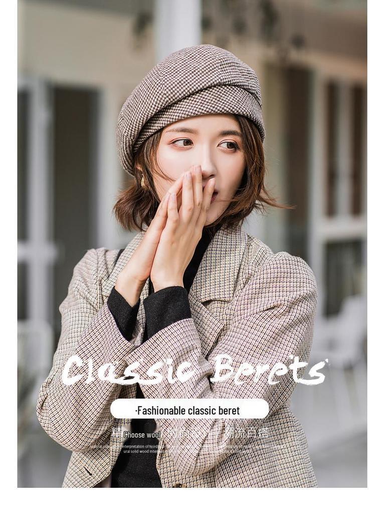 Women's Autumn/Winter Houndstooth Beret - Retro British Style