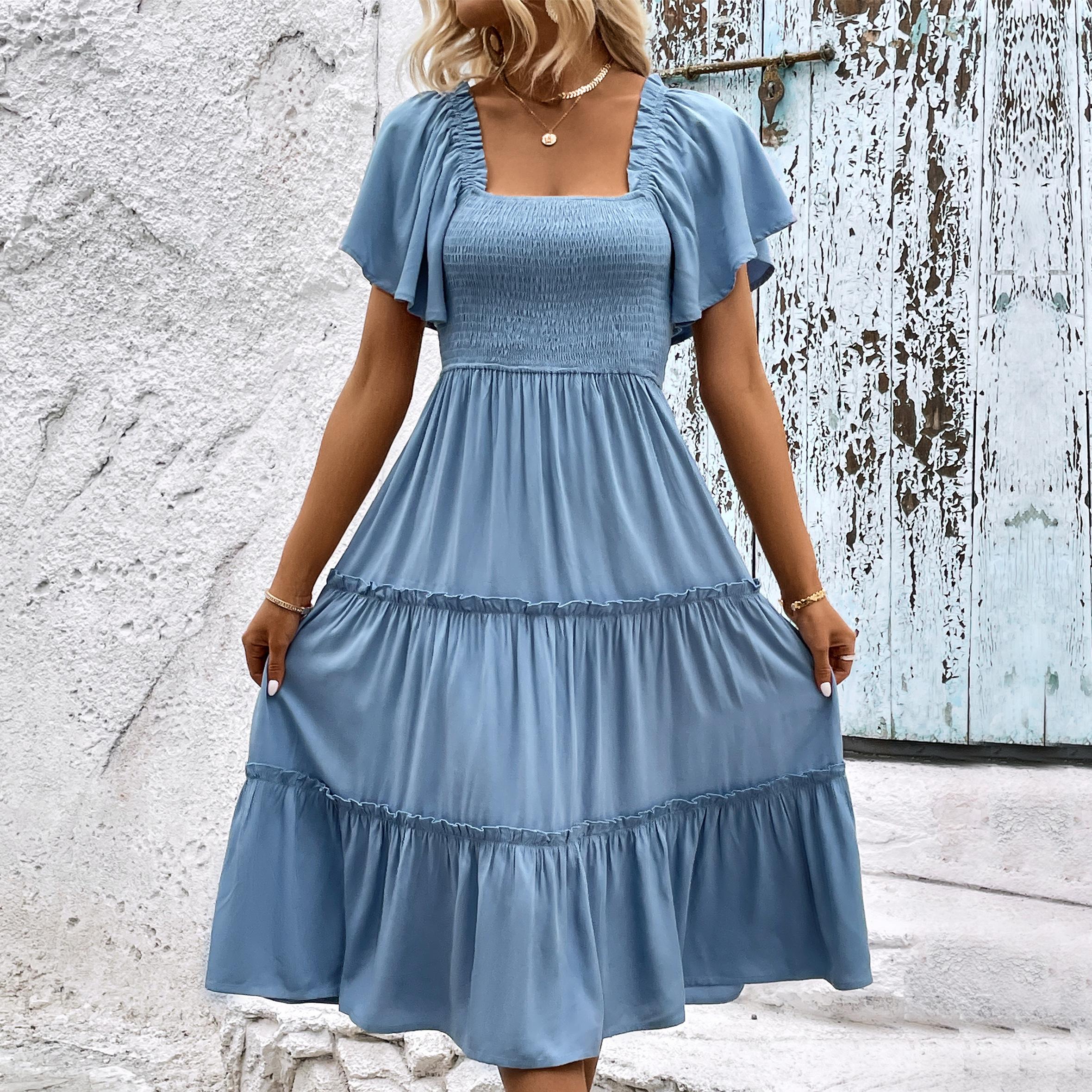 

YYFS женские модные летние весенние однотонные повседневные платья с короткими рукавами и квадратным воротником с принтом M синий