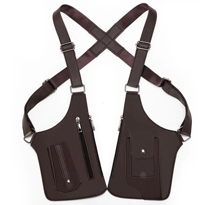 Zaino tattico da esterno antifurto con tracolla doppia e tasche multiple, borsa da petto, borsa a tracolla incrociata da uomo in pelle PU impermeabile
