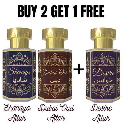 Shanaya a Dubai Oudh Attar s bezplatným Desire Attar – Květinové, Bohatě dřevité & Hřejivé| Bezalkoholové Unisex Roll-On Parfémové Oleje | 3 x 6 ml