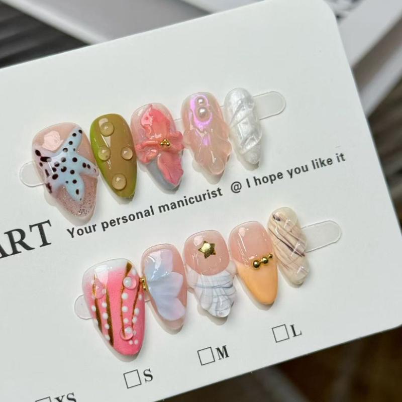 10Pcs Handmade Summer Ocean Fake Nails with 3D Starfish & Shell Accents XS