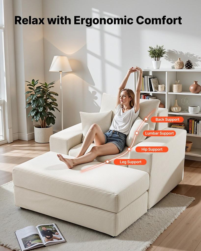 Chaise Lounge Chair, 1115 mm Boneless Modular Chaise Lounge Indoor, Oversized Corduroy Reading Chair with Throw Pillows & Armrests, Deep Seat Sofa