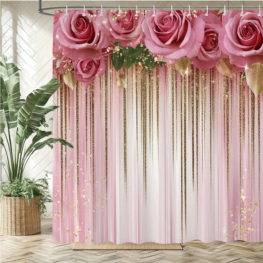 

Shiny Rose Flower Style Printed Fabric Shower Curtain Bathroom Curtain,Valentine S Day Home Decoration Curtain With Hooks W60H190(CM)-1 Pcs