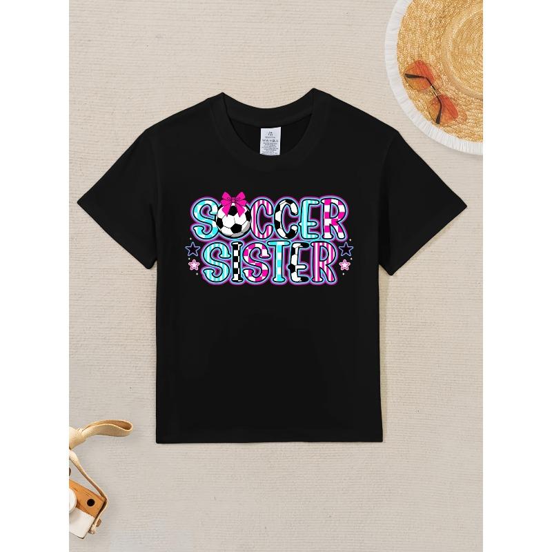 

European sizes Girls Soccer Sister Graphic Tee - Cute Soccer Player Design with Neon Pink & Lettering - Soft T-Shirt for Little Soccer Stars 164cm чорний