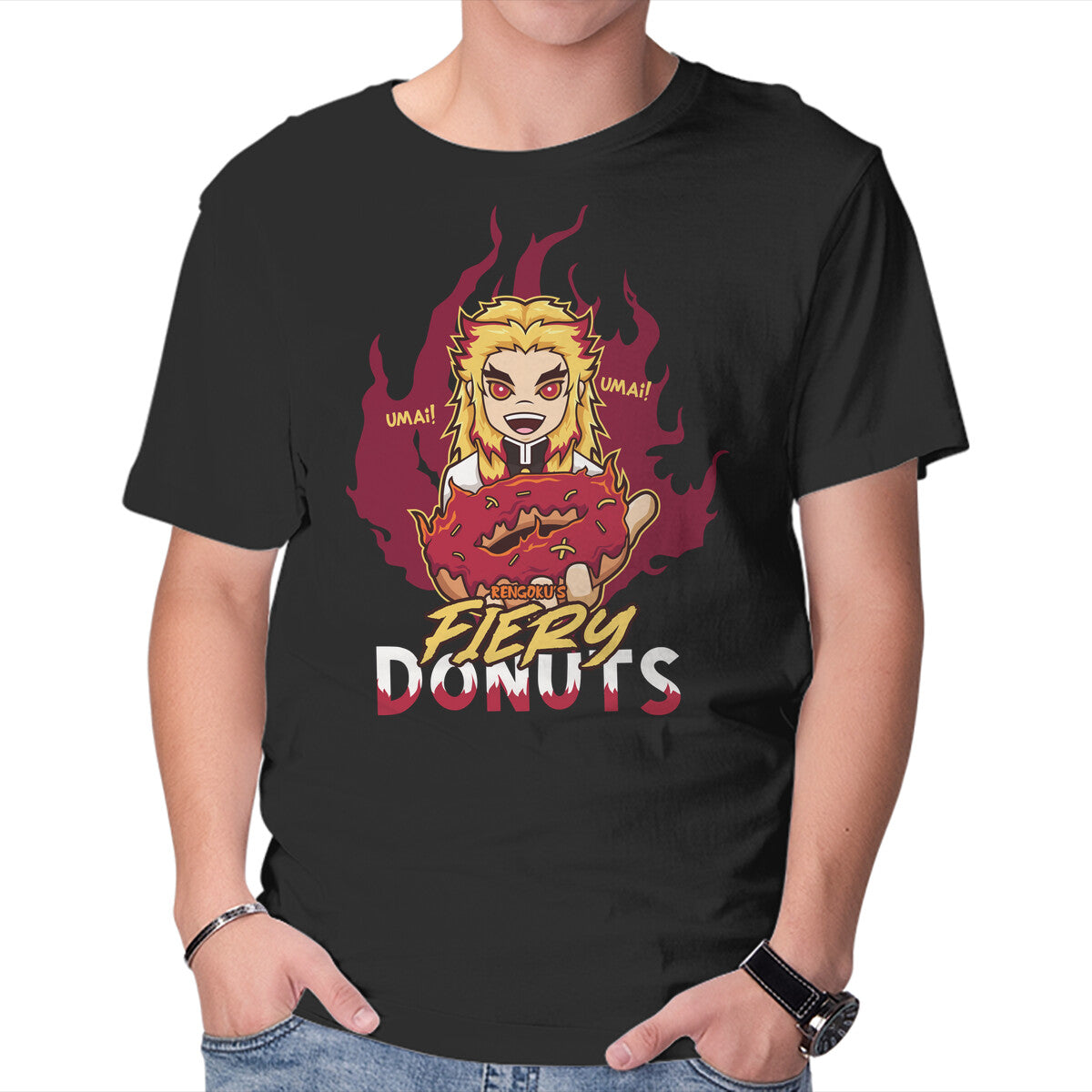 Unisex Crew Neck T-Shirt Rengoku s Fiery Donuts Graphic Short Sleeve Casual Tee XS