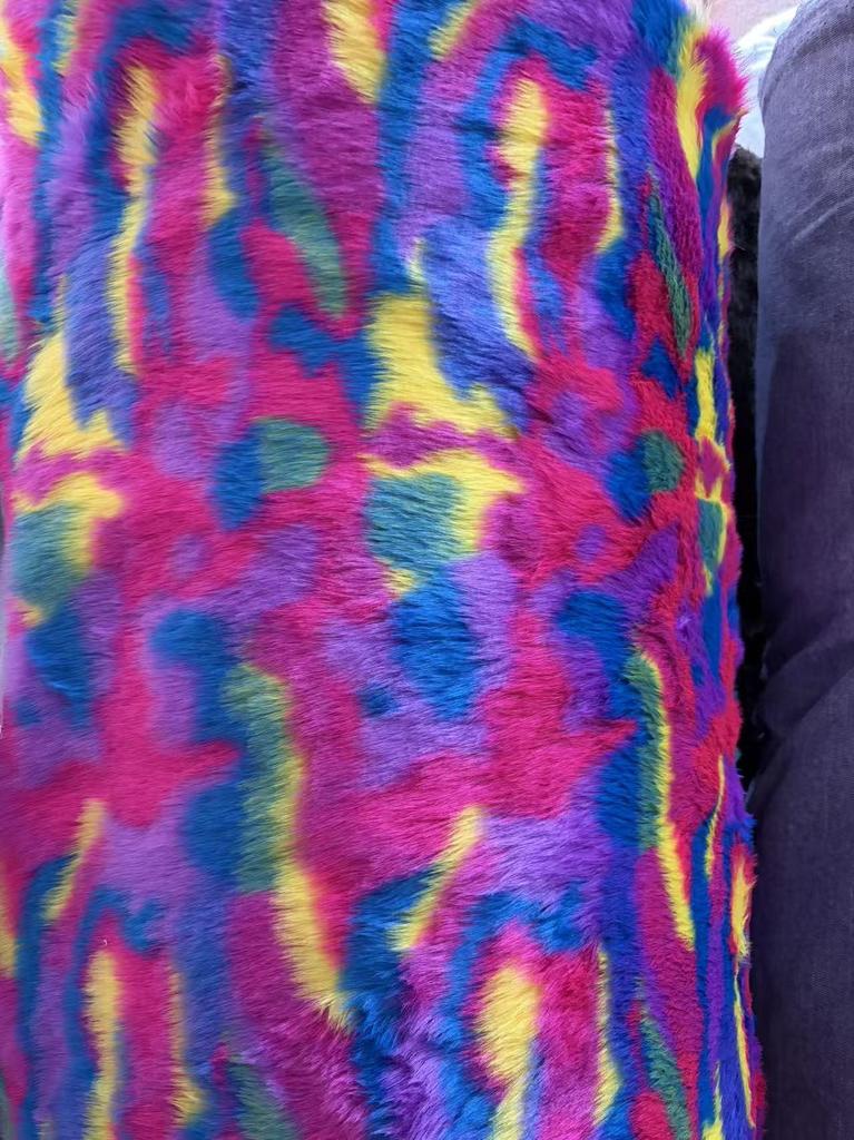 Gradient Five-Color Jacquard Faux Fur Tencel Fabric with Flocked Long Pile and Perforated Grid Design