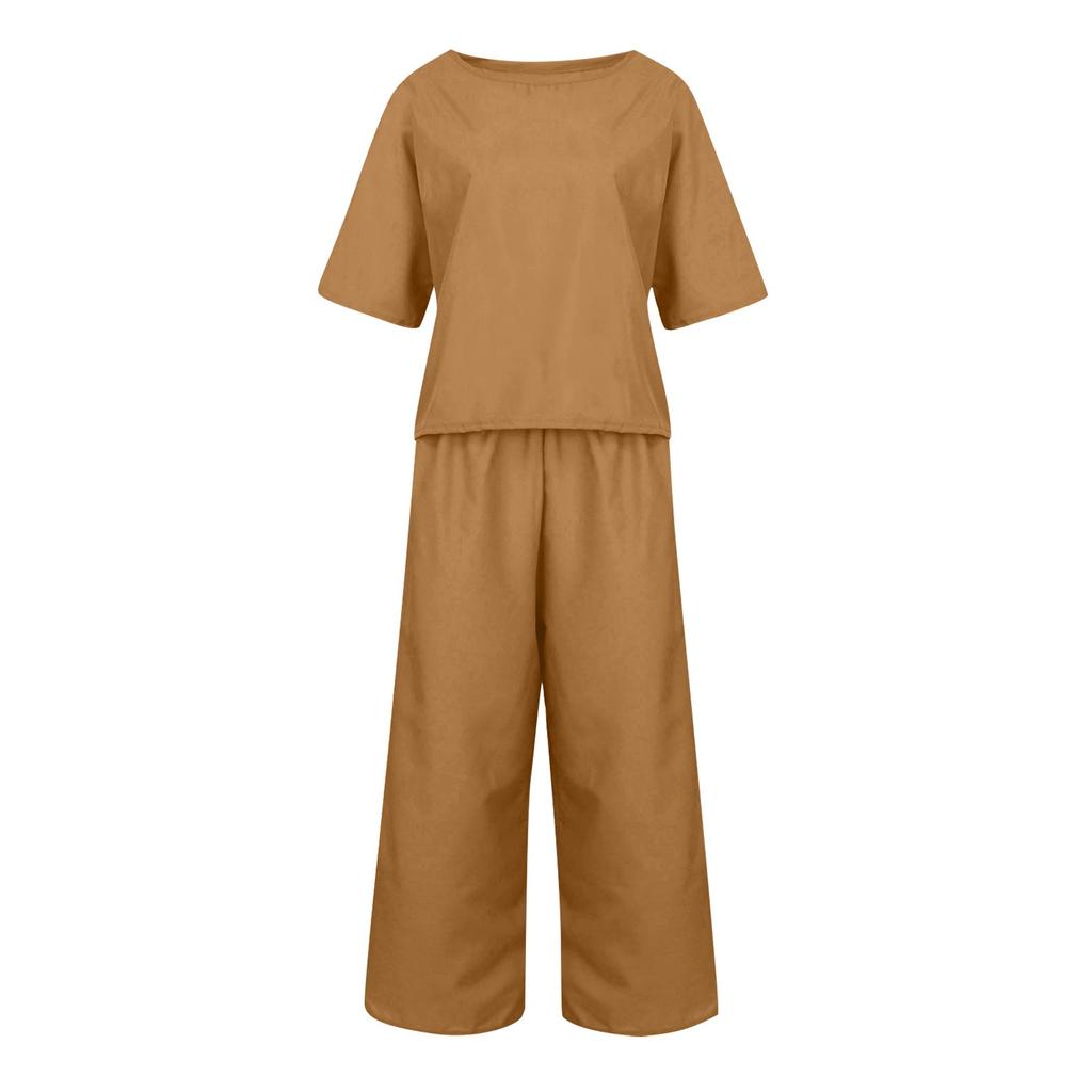 Women's Casual Fashion Sexy Long And Short Sleeve Pullover Shirt Round Neck Literary Retro Solid Color Casual Split Suit
