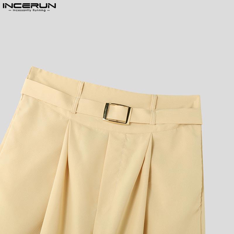 INCERUN Men High Waist Zipper Ruffled Pants Solid Casual Long Trousers Pockets